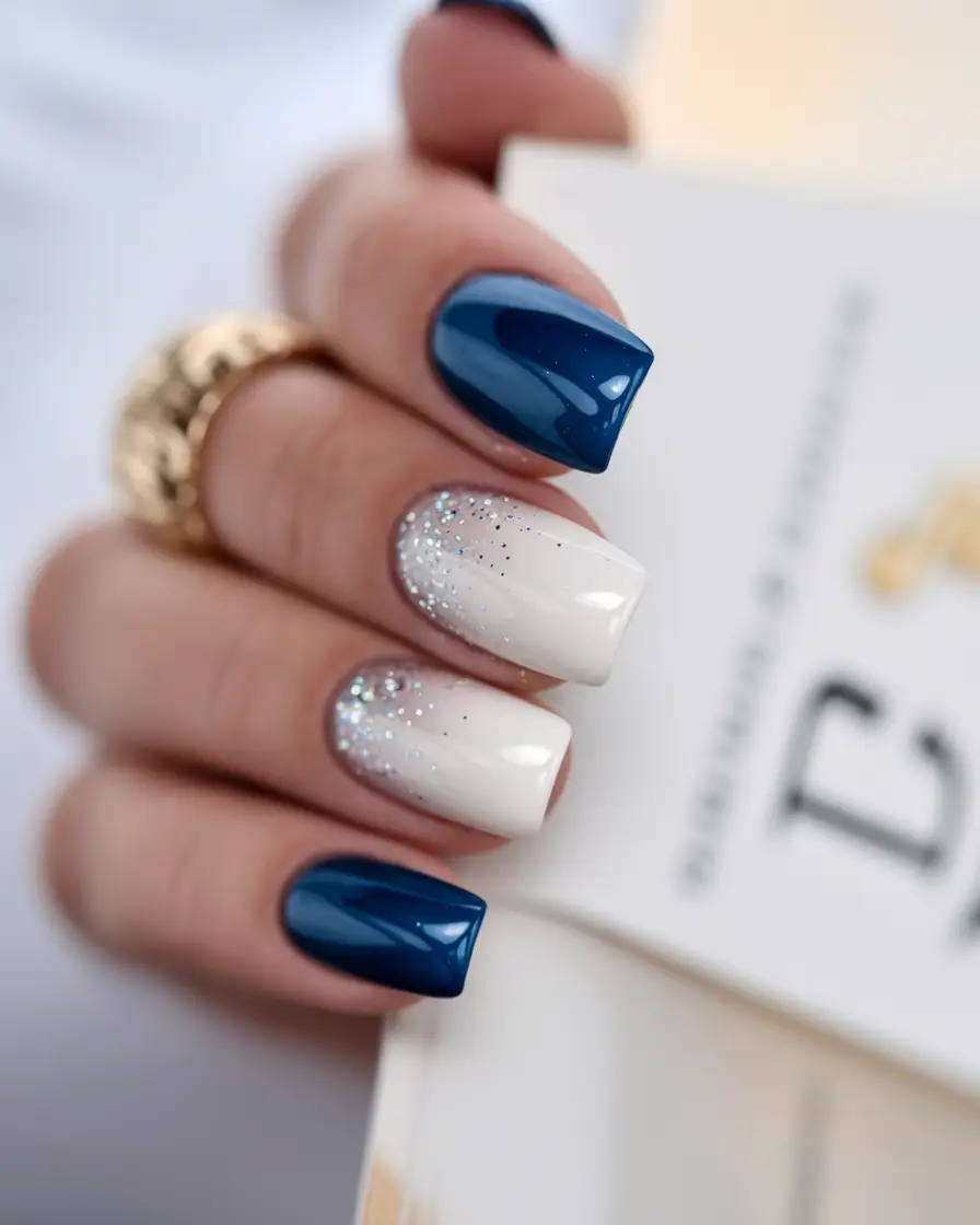 autumn nails colors 2025 Frosted Navy Glam