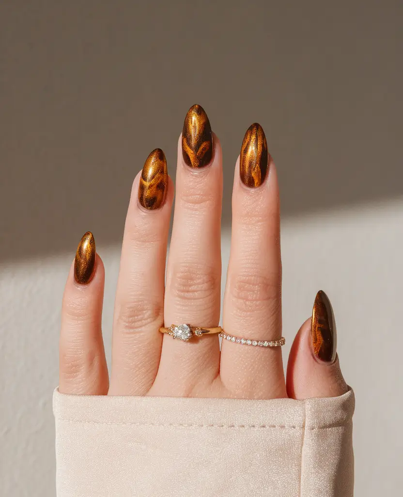 autumn nails colors 2025 Tigers Eye Fire