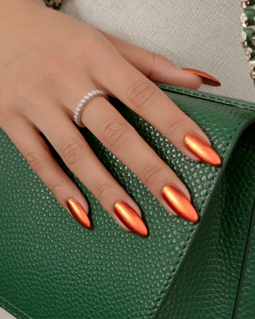 autumn nails colors 2025 Molten Orange Metal