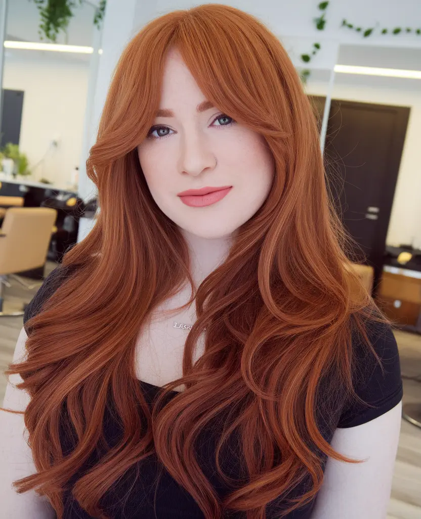 round-face-haircuts-fall-Romantic-Curtain-Bangs-on-Copper-Waves