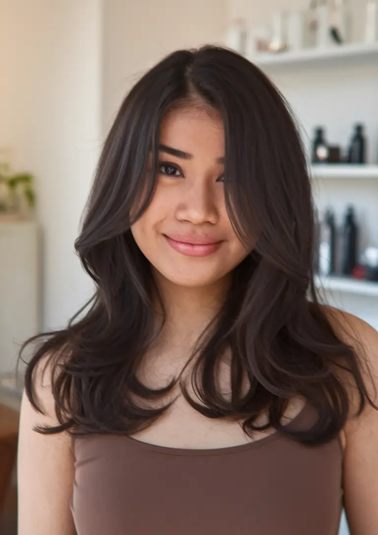 fall round face haircut Feathered Layers with Center Curtain Bangs