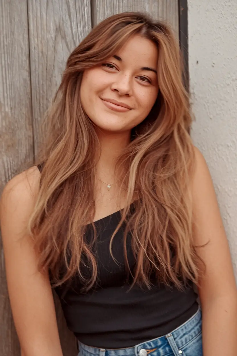 fall round face haircut Golden Sand Long Layers with Face-Framing Volume