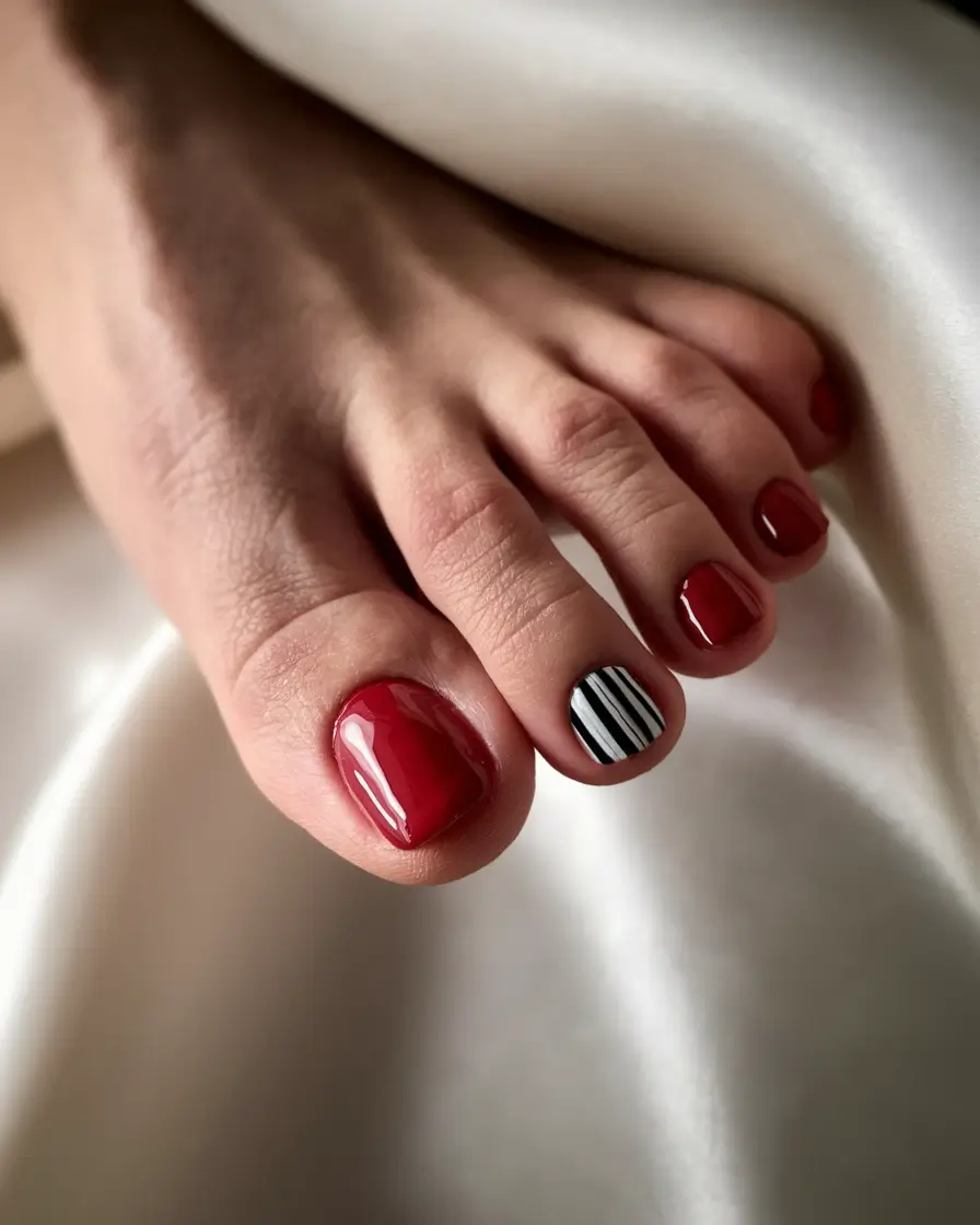 autumn pedicure Candy Apple Red with a Pinstripe Pop