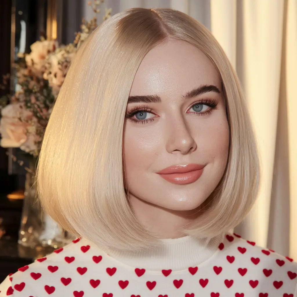fall haircuts for chubby faces Sleek Blonde Pageboy with Sharp Center Part