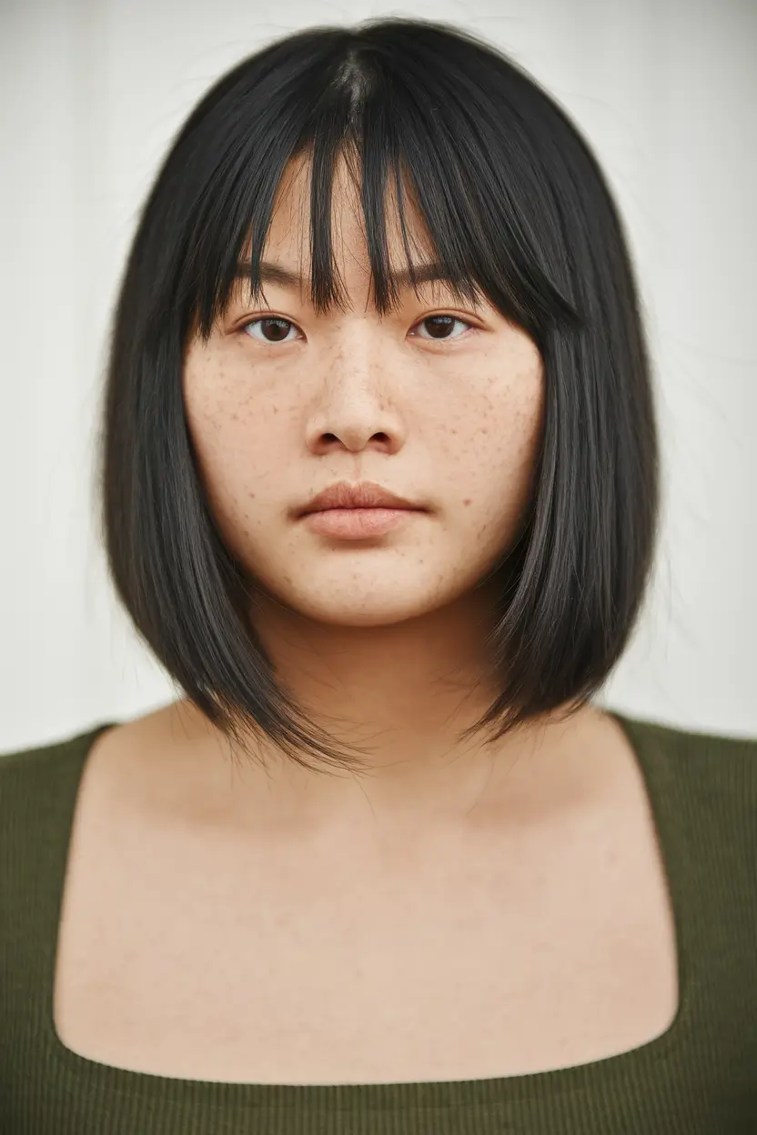 fall haircuts 2025 chubby face Classic Chin-Length Bob with Full Bangs