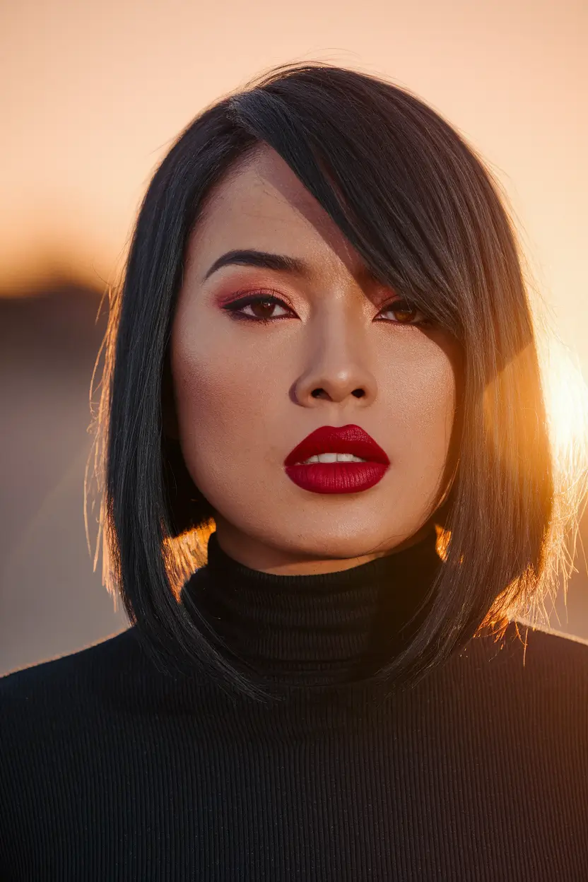 fall haircuts 2025 chubby face Sleek Angled Lob with Side-Swept Bangs