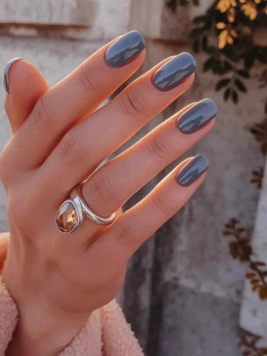 minimalist fall nails short almond Stormy Blue-Grey: Moody Yet Minimal