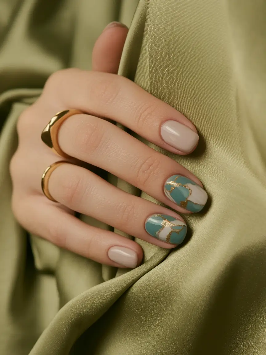 minimalist fall nails green Golden Green Marbling for Earthy Elegance