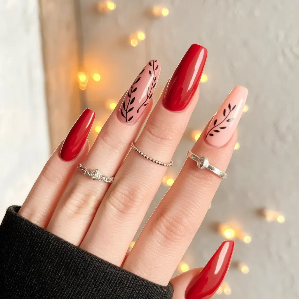 minimalist fall nails coffin Red With a Twist: Botanical Detail