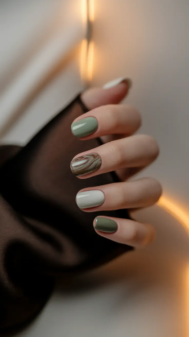 minimalist fall nails short almond Earthy Swirl: Olive Meets Marble