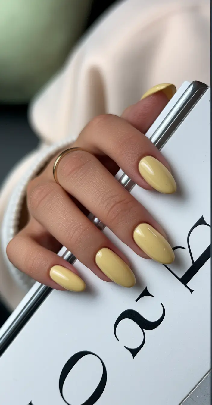 minimalist fall nails short square Buttery Yellow with a Modern Edge
