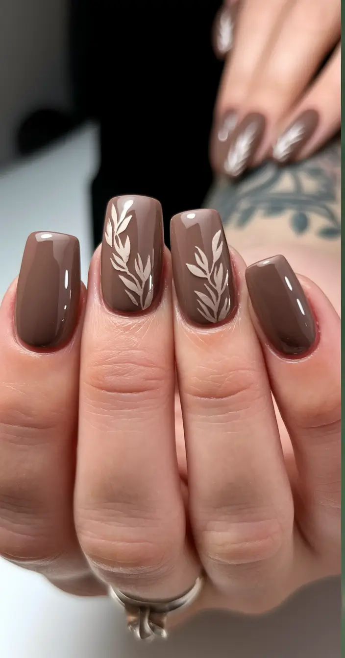 minimalist fall nails coffin Earthy Botanical on Cocoa Brown