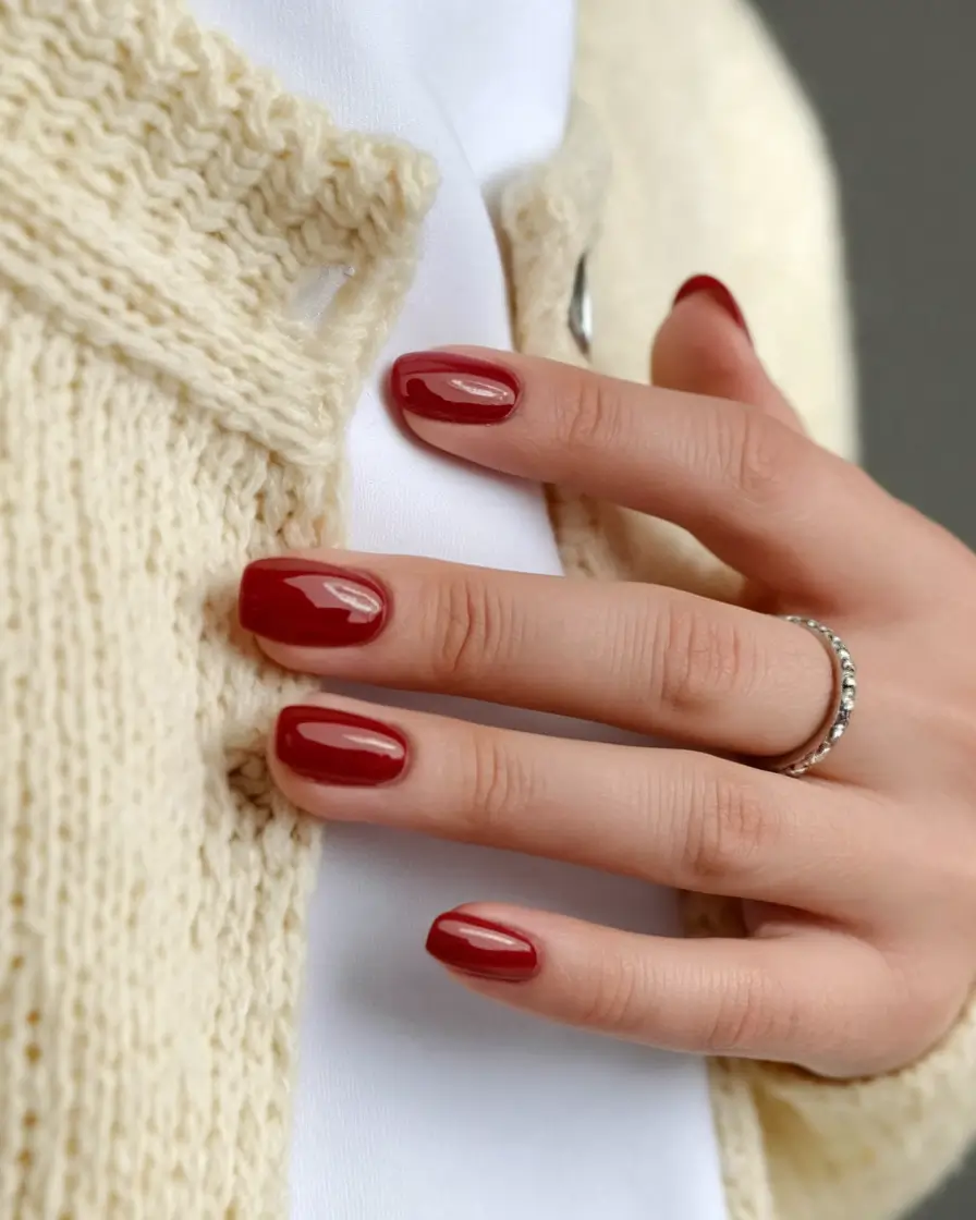 minimalist fall nails short almond Classic Cranberry with a Cozy Twist