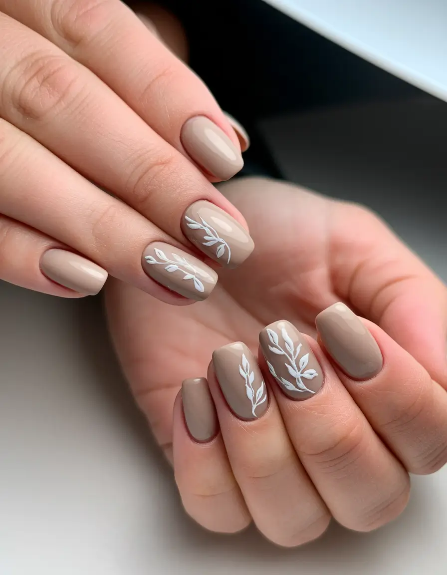 minimalist fall nails design Neutral Leaves in a Matte Garden