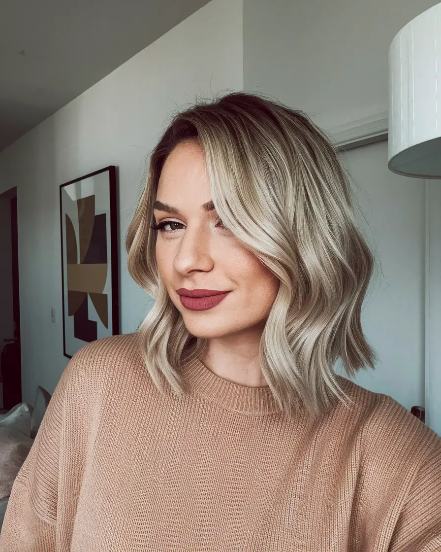 september blonde hair color Icy Champagne Waves with Shadow Root