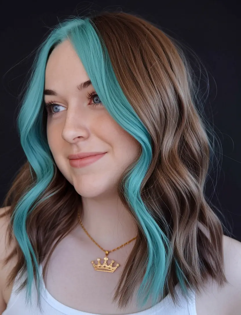 september hair color ideas 2025 Aqua Face-Framing Pop on Soft Waves
