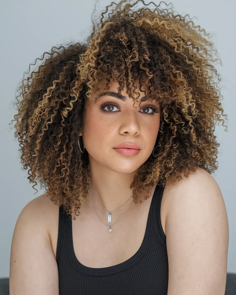 september hair color ideas black women Golden Ribbon Highlights on Natural Curls