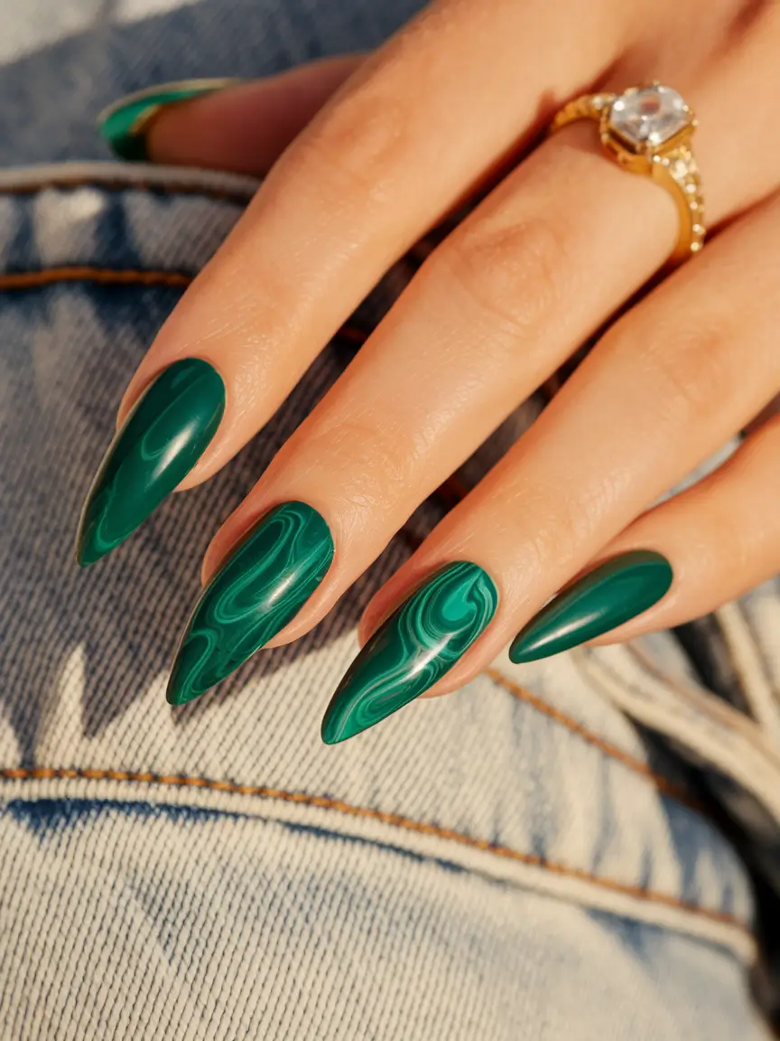september nails designs stiletto+Malachite-Inspired Deep Green Swirls