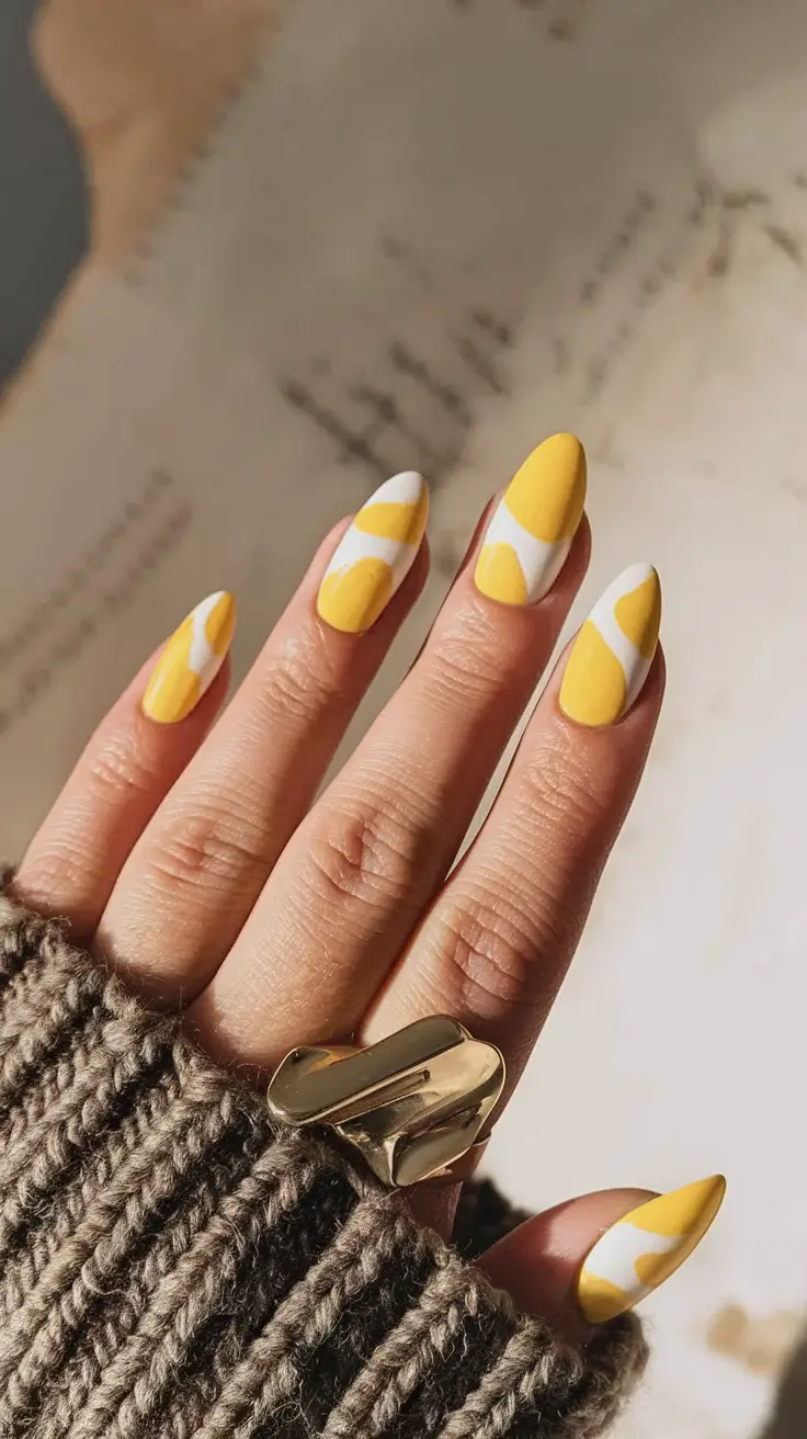 september nails designs almond+Retro Yellow & White Abstract Play