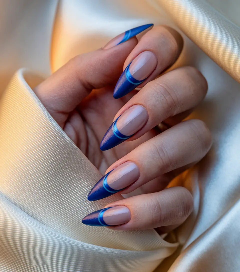 september nails designs fall Royal Blue Edges with a Graphic French Twist