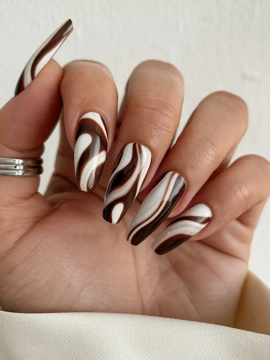 september nails designs square Mocha Marble Waves for Cozy Coffee Dates