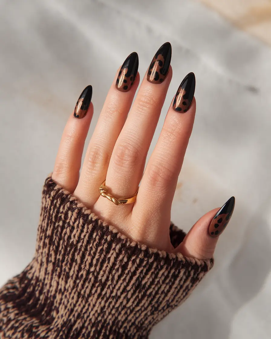 september nails designs almond Glossy Leopard Noir for Cool-Weather Drama