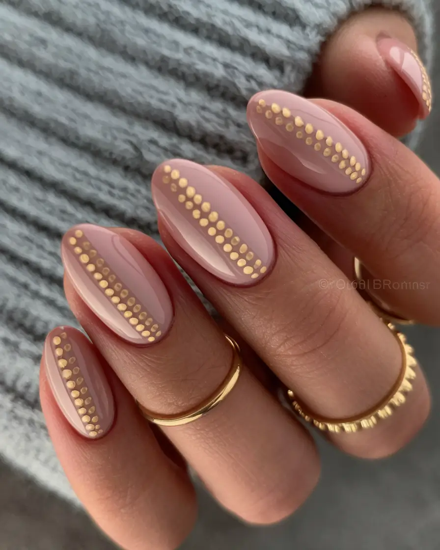 september nails designs almond+Soft Rose with Golden Dot Accents