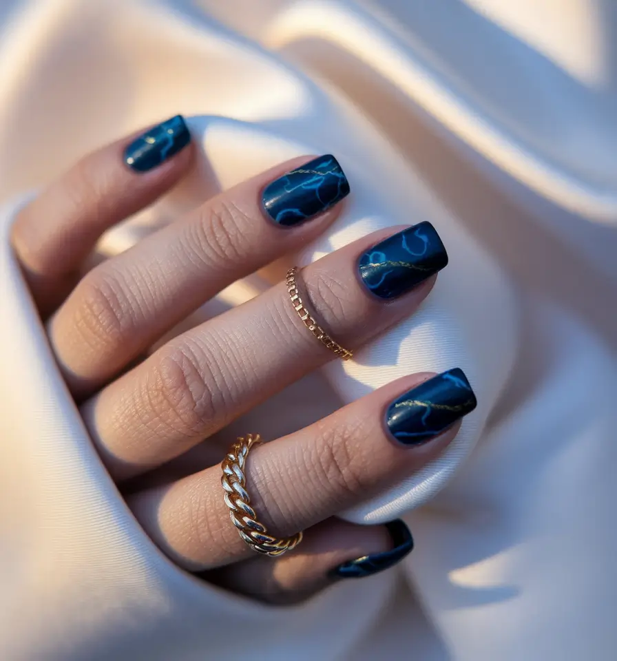 september nails designs short acrylic+Blue Marble Elegance with Golden Veins