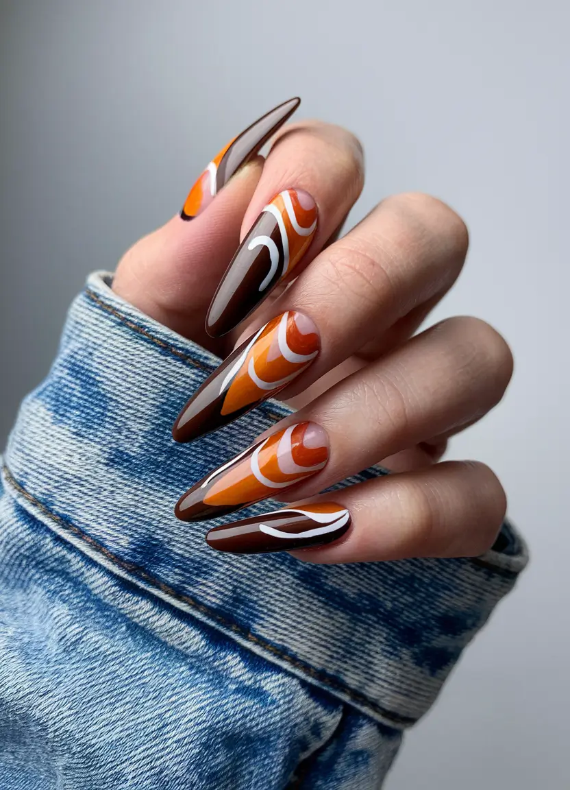 autumn nails designs almond Retro Mocha and Citrus Swirls