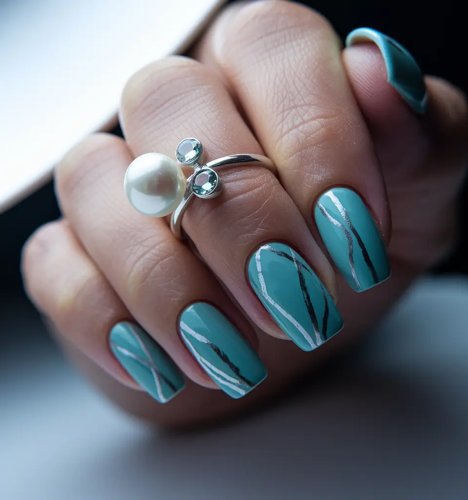 winter autumn nails designs 2025 Cool Tones with Silver Ribbon