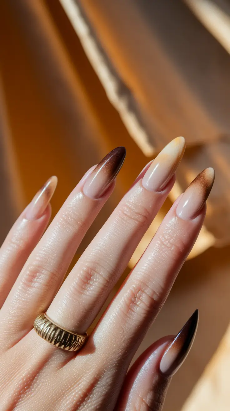 short almond autumn nails designs 2025 Toasted Gradient Neutrals