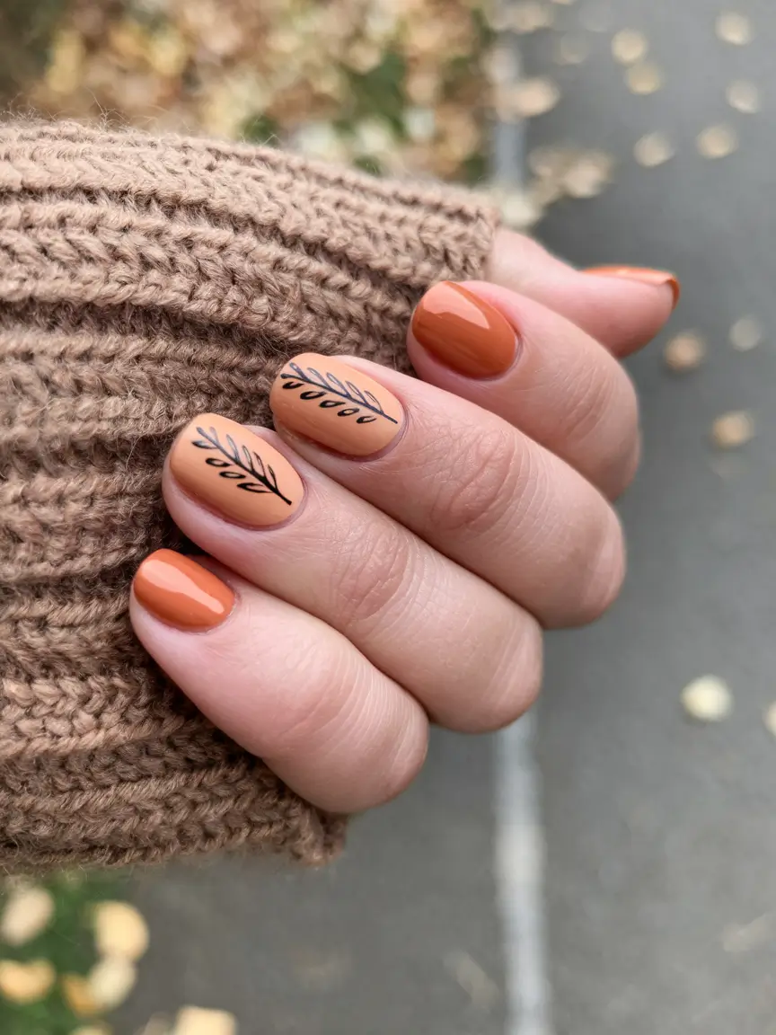 autumn-nails-designs-short-cozy-orange-leaf