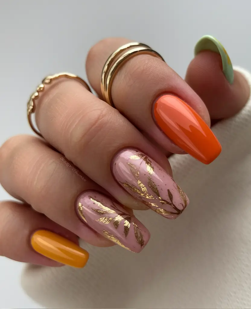 autumn nails designs 2025 Gold Leaf Meets Harvest Citrus