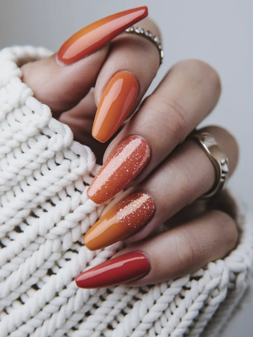 autumn-nails-designs-coffin-sunset-orange-glitter