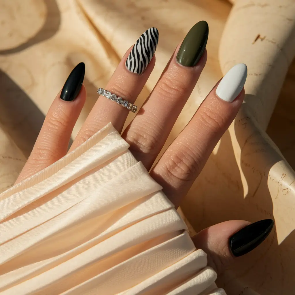 autumn nails designs 2025 Zebra Stripe Neutrals with a Twist