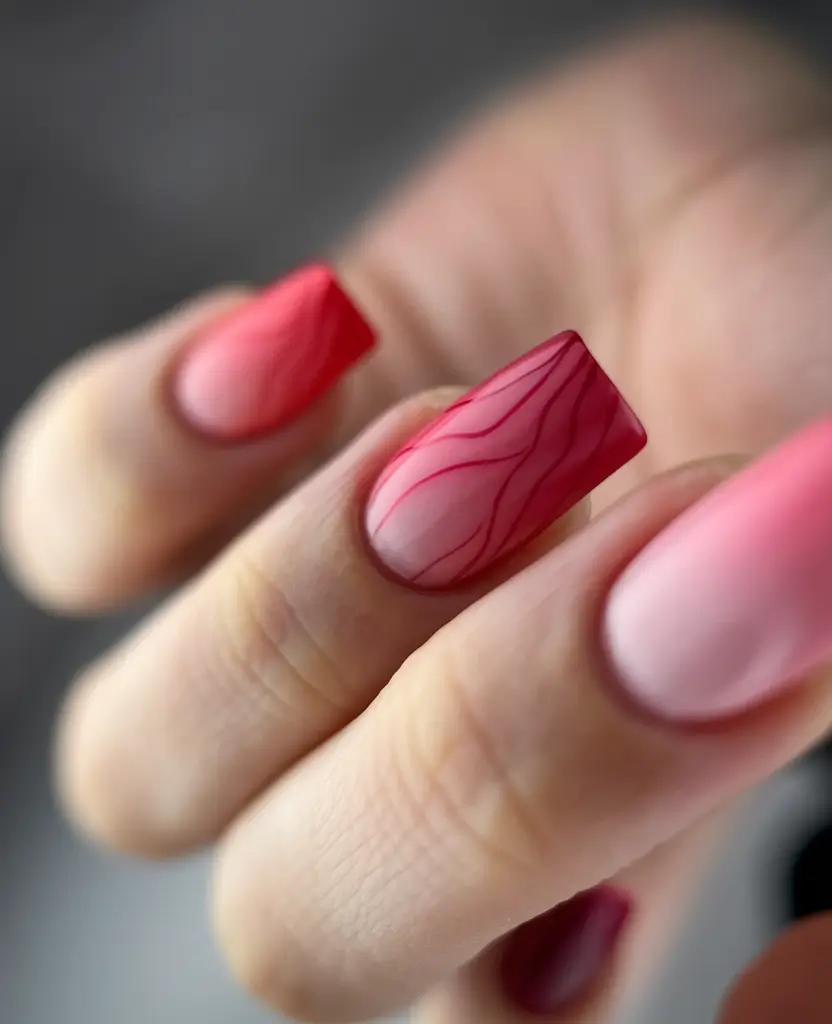 autumn nails designs 2025 Red Waves in a Matte Ombré