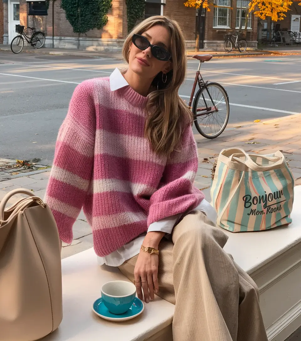 fall sweater outfits casual Pink Stripe Layers